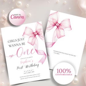 Girls Just Wanna Be One Invitation: Pink Bow 1st Birthday (Canva Template, Digital Download