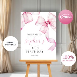 Puede incluir: Un letrero blanco sobre un caballete de madera con gráficos de cintas rosas. El letrero dice "Bienvenida al 18 cumpleaños de Sophia" con la fecha del 15 de agosto de 2025. El texto adicional incluye "Descarga instantánea" y "100% personalizable".