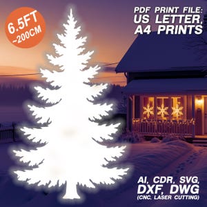 Pode incluir: Silhueta branca de uma árvore de Natal, com cerca de 200 cm de altura, contra um fundo de inverno. A imagem inclui texto indicando que é um arquivo de impressão PDF para impressões US Letter e A4, com formatos de arquivo AI, CDR, SVG, DXF e DWG.