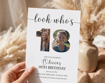Invitación de cumpleaños número 18 con collage de fotos de números, plantilla digital editable de Canva