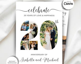 May include: A white anniversary card with the words "celebrate" and "20 YEARS OF LOVE & HAPPINESS" in elegant script. The number "20" is formed by a collage of photos. The card is personalized with the names "Isabella and Michael".