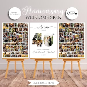 May include: Three wooden easels display a welcome sign for an anniversary party. The center sign reads "welcome to our 40th anniversary party, Isabella and Michael." The sign includes a photo collage and the date 10.05.XX. The other two signs are photo collages.
