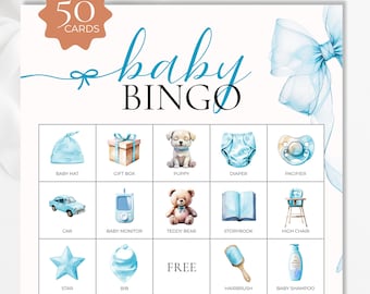 Blue Bow Baby Shower Bingo Game: 50 Prefilled Cards (Digital Download)