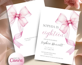 Chic Pink Bow 18. Geburtstagseinladung: Bearbeitbare Coquette Party Vorlage (Digitaler Download)