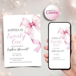 Chic Pink Bow 21st Birthday Invitation: Editable Canva Template (Digital Download)