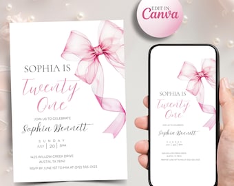 Chic Pink Bow 21st Birthday Invitation: Editable Canva Template (Digital Download)