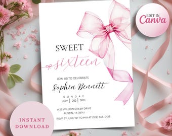 Pink Bow Sweet 16 Einladung: Elegante Kokette Party (bearbeitbare Canva Vorlage, digitaler Download)
