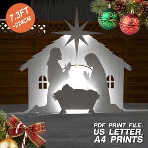 Silueta grande de pesebre navideño / María, José y el Niño Jesús en el establo / Plantilla imprimible en PDF de 2,4 m