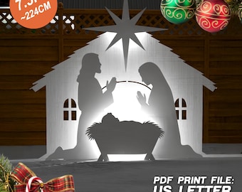 Große Weihnachtskrippe Silhouette | Maria, Josef & Jesuskind im Stall | 8 ft druckbare Vorlage PDF