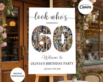 60th Birthday Welcome Sign, Editable Number Photo Collage Design