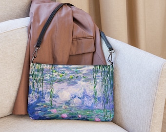 Monet Water Lilies Crossbody Bag, Impressionist Art Purse, Faux Leather Travel Bag