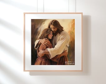 May include: A painting of Jesus Christ embracing a woman. The woman is wearing a brown dress and Jesus is wearing a white robe. The painting is set against a background of a golden sky and clouds.