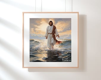 May include: A painting of a man in a white robe and brown sash walking on water. The water is blue and the sky is a light blue with clouds. The sun is shining brightly in the background. The painting is signed "Divine Designs".
