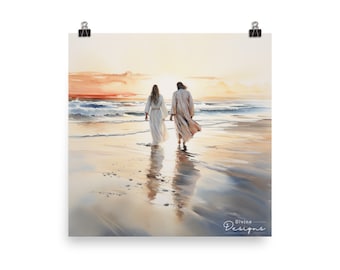 May include: A painting of two figures walking on a beach at sunset. The figures are wearing white robes and are walking hand-in-hand. The sky is a vibrant orange and pink, and the water is a calm blue. The painting is signed "Divine Designs" in the bottom right corner.