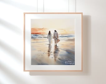 May include: A painting of a couple walking hand-in-hand on a beach at sunset. The woman is wearing a white dress and the man is wearing a beige robe. The painting is framed in a light wood frame.