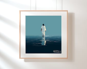 May include: A digital illustration of a person in a white robe walking on water. The water is a dark blue color and the sky is a light blue color. The person's reflection is visible in the water. The image is titled "Divine Designs".
