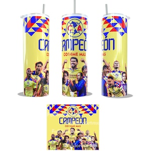 May include: Yellow insulated tumbler with a silver straw, featuring a soccer team design. The design includes the team's logo, the word "CAMPEÓN", and images of players. The top and bottom of the tumbler have a geometric pattern in red, blue, and yellow.