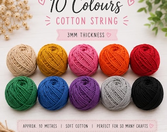 May include: Ten colorful cotton string balls in beige, yellow, pink, orange, red, green, blue, purple, gray, and black. The text reads "10 Colours Cotton String 3MM Thickness". Each ball is approximately 10 meters of soft cotton.