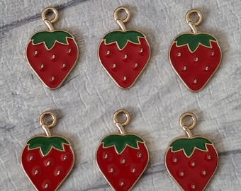 6 pingentes de morango, esmalte, joias artesanais em ouro vermelho e claro