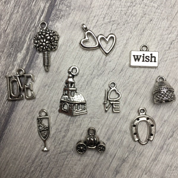 Wedding Theme Charms x 10, Mixed Set, Tibetan Style, Love Charms, Jewellery Craft Making