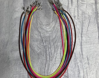 x10 Mixed Colours Cotton Cord Necklaces, Ready Made, 17 Inches in Length, 2mm Thickness, Necklace Making, Jewellery Making