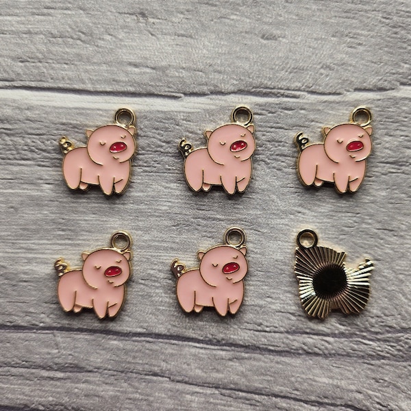 Pig Charms x 6, Enamel, Pendants, Animal Charms, Jewellery Craft Making