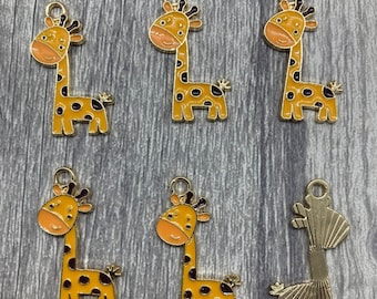 Enamel Giraffe Charms, Light Gold Animal Charms (6 pc)