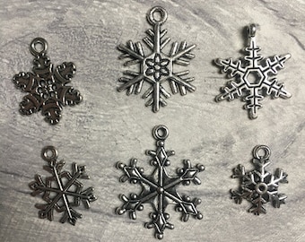 May include: Six silver snowflake charms with intricate designs. The charms are perfect for adding a touch of winter magic to jewelry, crafts, or home decor.
