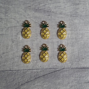 May include: Six gold-coloured pineapple charms with green tops. The pineapples are yellow with a diamond pattern.