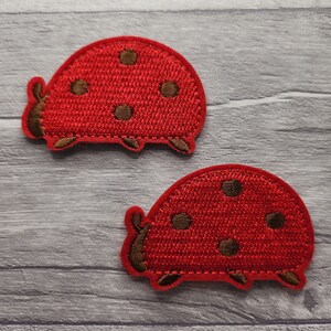 May include: Two red embroidered ladybug patches with brown spots and black outlines.