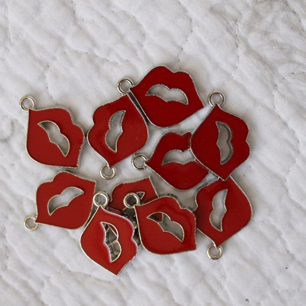 Red Lips Charms x 6, Alloy Enamel, Kisses, Lips, Jewellery Craft Making