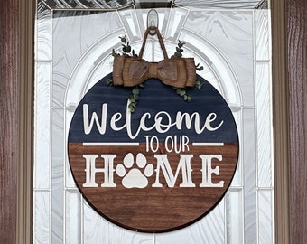 Rustic Wooden Welcome Sign with Paw Print - "Welcome to Our Home" Door Hanger