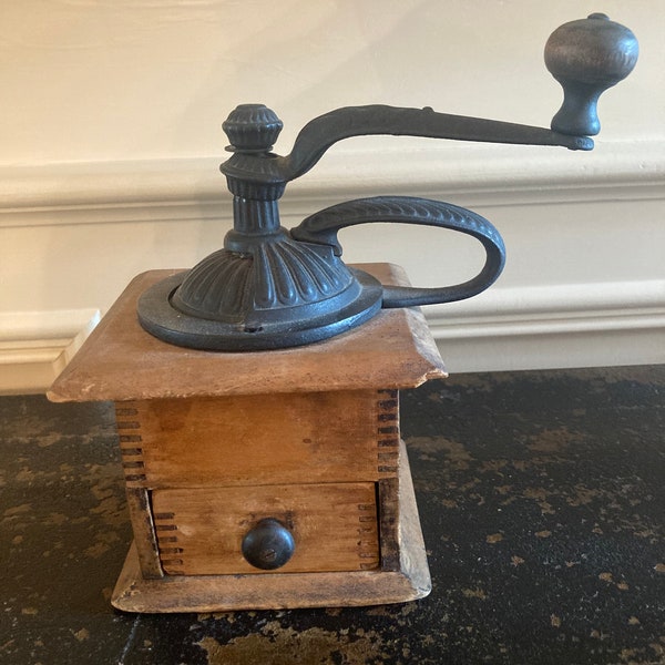 Vintage Cast Iron and Wood Coffee Grinder