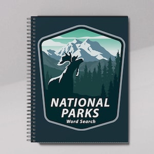May include: A blue spiral bound notebook with a word search puzzle. The cover features a vintage-style illustration of a moose standing in front of a mountain range with the text "National Parks Word Search".