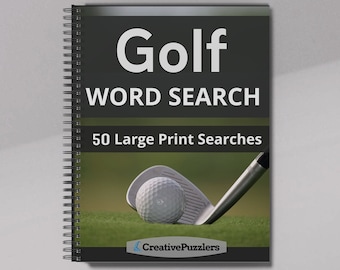 Może przedstawiać: Książka w oprawie spiralnej zatytułowana Golf WORD SEARCH 50 Large Print Searches. Okładka przedstawia białą piłeczkę golfową i metalową główkę kija na zielonej trawie. Na dole okładki znajduje się nazwa marki CreativePuzzlers.