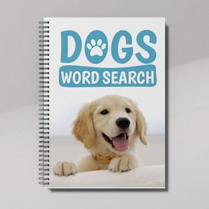 Peut inclure: Un carnet à spirales avec une couverture blanche ornée d'une empreinte de patte bleue et du texte "DOGS WORD SEARCH". Un chiot golden retriever regarde par-dessus le carnet.