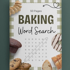 May include: A "Baking Word Search" puzzle book with 50 pages. The cover features a green and white checkered pattern and illustrations of baked goods like cookies, muffins, and bread. The title is in large, bold letters.