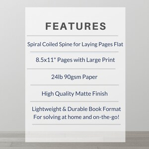 May include: Features of a spiral bound notebook with 8.5x11 inch pages, 24lb 90gsm paper, a high quality matte finish, and a lightweight and durable book format. The text "FEATURES" is at the top of the image.