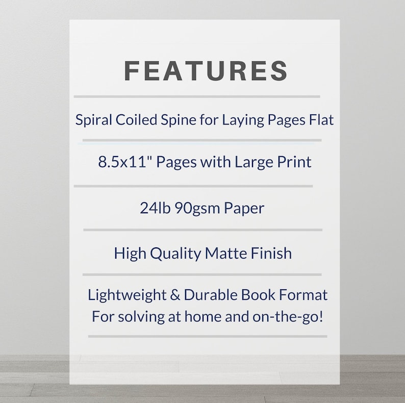 May include: Features of a spiral bound notebook with 8.5x11 inch pages, 24lb 90gsm paper, a high quality matte finish, and a lightweight and durable book format. The text "FEATURES" is at the top of the image.