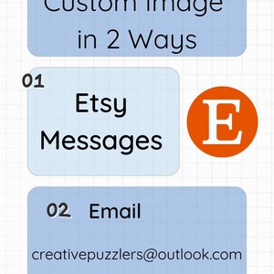 May include: Blue and white graphic with the text "Send Your Custom Image in 2 Ways".  Two options are listed: 01 Etsy Messages with the Etsy logo and 02 Email with the email address creativepuzzlers@outlook.com.