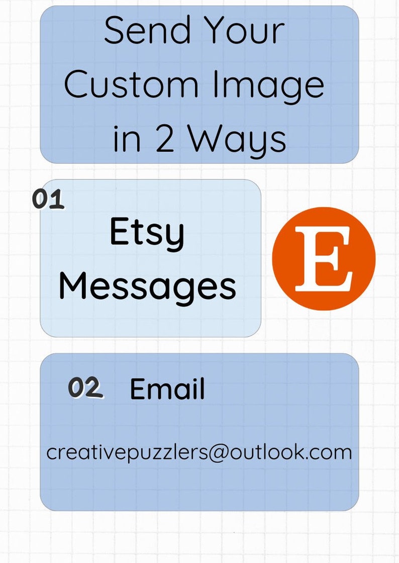 May include: Blue and white graphic with the text "Send Your Custom Image in 2 Ways".  Two options are listed: 01 Etsy Messages with the Etsy logo and 02 Email with the email address creativepuzzlers@outlook.com.