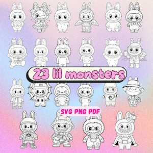 Puede incluir: Ilustración en blanco y negro de 23 "lil monsters" con varios disfraces. La imagen incluye el texto "23 lil monsters" y "SVG PNG PDF". Los monstruos tienen rasgos de conejo, ideales para colorear o proyectos de arte digital. Medidas no aplicables.
