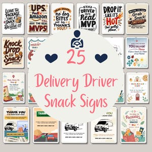 Peut inclure: Un ensemble de 25 pancartes imprimables pour les livreurs. Les pancartes présentent divers designs et messages, notamment "Laissez le colis, prenez une collation, vous le méritez !" et "Toc, toc, et collation !" Les pancartes sont parfaites pour encourager les clients à laisser une collation aux livreurs.