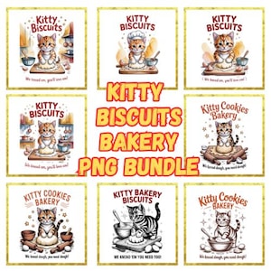 Puede incluir: Un conjunto de arte digital con temática de panadería, con gatos. Las imágenes muestran gatos amasando masa y horneando, con el texto "Kitty Biscuits Bakery PNG Bundle". Cada imagen tiene un borde dorado.