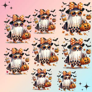 Puede incluir: Ilustración con temática de Halloween con múltiples fantasmas. Cada fantasma lleva un lazo de lunares, gafas de sol y lleva una bolsa de calabaza y una taza de café. Los fantasmas visten trajes a cuadros blancos y negros y tacones altos.