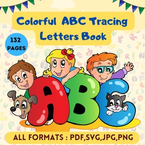 Puede incluir: Libro de trazado de letras ABC colorido con 132 páginas. La portada presenta un alfabeto rojo, verde y azul con niños y animales.