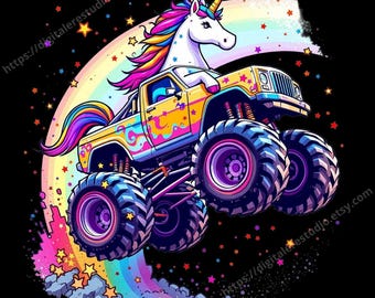 Unicorn Monster Truck Digital Design | Rainbow Sublimation Image for Shirts, Stickers & Wall Art Decor