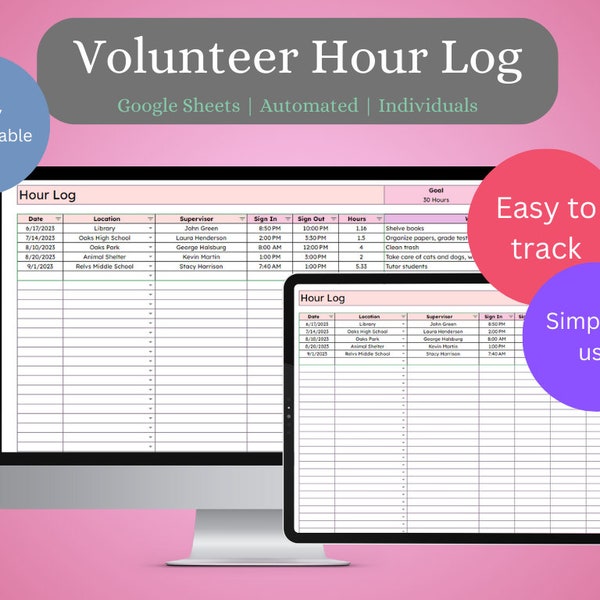 Hour Tracker, Volunteer Log, Google Spreadsheet Template