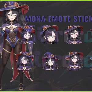以下が含まれることがあります： ゲーム「原神」のキャラクターのステッカーパックです。キャラクターは、青と紫の衣装を着た紫髪の占星術師、モナです。ステッカーパックには、ウィンク、笑顔、驚いた表情など、モナの異なる表情が10種類含まれています。