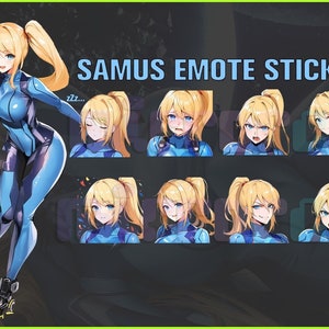 Peut inclure: Un pack d'autocollants représentant un personnage de dessin animé avec des cheveux blonds et des yeux bleus. Le personnage porte une combinaison bleue et noire. Le pack d'autocollants est intitulé "Samus Emote Sticker Pack".